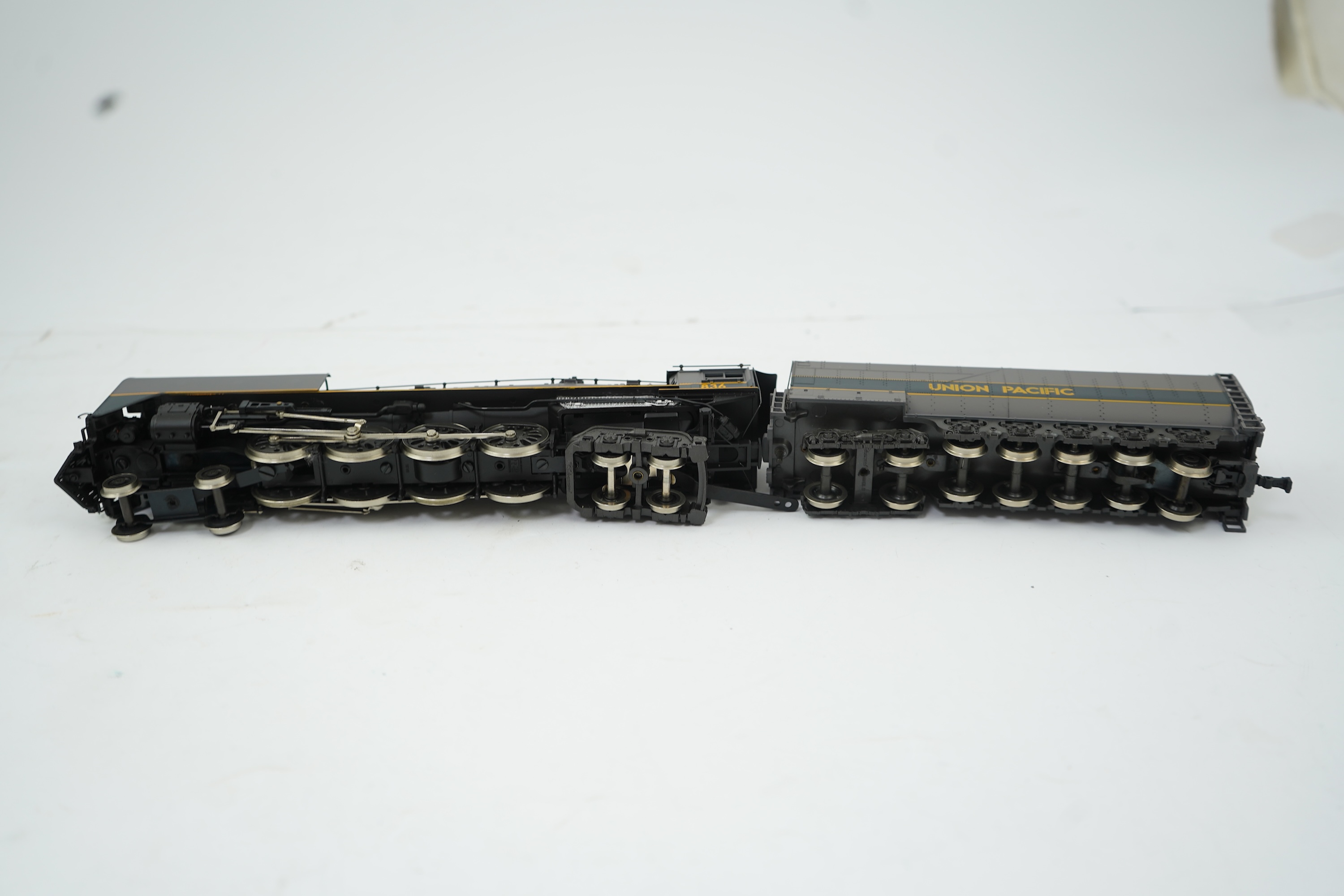 Two HO gauge Rovarossi Union Pacific locomotives; 3975, 4-6-6-4 tender locomotive, together with 836, 4-8-4 tender locomotive, both powered for two rail operation.